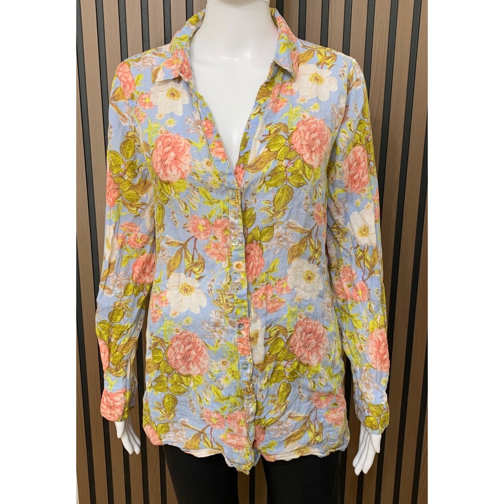 Joie Women's Blue Pink Floral 100% Linen Button Down Shirt Long Sleeve Blouse L